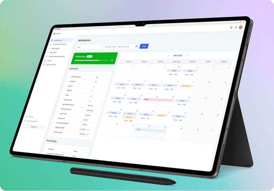 HRM attendance dashboard displayed on a tablet